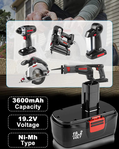 Beefed-Up 3.6Ah Ni-MH Replacement Battery for 19.2V Cordless Tools with Extended 3600mAh Capacity shown with compatible tools
