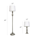 Brushed Steel Three Lamp Set With White Fabric Shades Includes Two Table Lamps And One Floor Lamp Stylish Modern Industrial Lit Glow