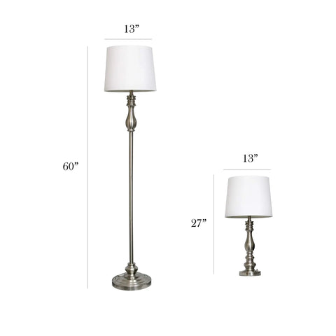 Brushed Steel Three Lamp Set With White Fabric Shades Includes Two Table Lamps And One Floor Lamp Stylish Modern Industrial Lit Glow