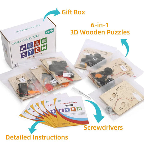 Wooden STEM Kits For Kids Aged 8 To 12 Six Build Your Own Car And Science Projects Pack Includes instructions and screwdrivers