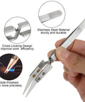 Hand holding Six Piece Precision Ceramic Reverse Solder Tweezers Set With Non Conductive And Anti Magnetic Pointed And Curved Tips