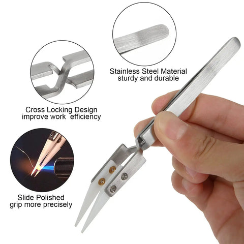 Hand holding Six Piece Precision Ceramic Reverse Solder Tweezers Set With Non Conductive And Anti Magnetic Pointed And Curved Tips