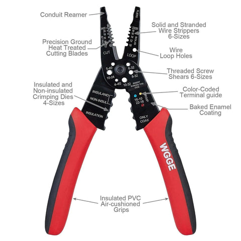 8 Inch Professional Wire Stripper and Crimping Tool for 10 to 22 AWG Solid Copper and Aluminum Cable, High Carbon Alloy Steel, ergonomic handle.