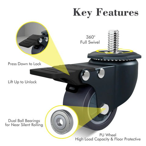 Rock Solid 1.6 Inch Swivel Caster Wheels With Locking Brakes features a 360° swivel, dual ball bearings, high load capacity and locking mechanism.