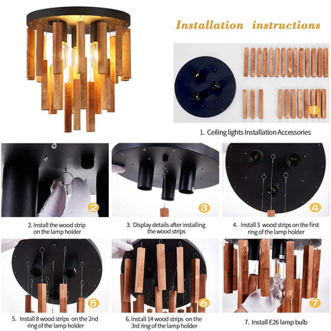 Installation guide for Three Light Boho Rattan Look Wood Ceiling Light Fixture In Oak And Black Finish Semi Flush Mount Farmhouse Chandelier