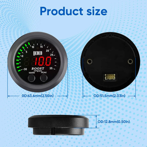 Dope Universal Turbo Boost And Vacuum Gauge Kit With Red LED Display 2 1 16th Inch Gauge Reads 0-35 PSI Boost And -30 To 0 InHg Vacuum Plug-and-Play For Turbocharged And Supercharged Cars. front and rear views with 63.6mm gauge size