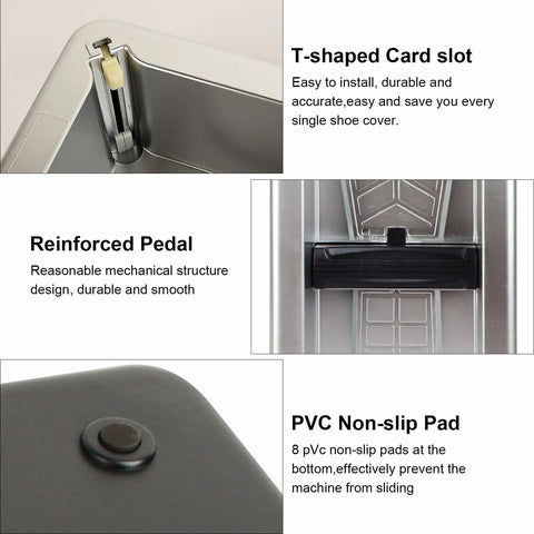 Close-up details of Automatic Shoe Covers Dispenser For Home Office Supermarket Factory And Lab With Disposable Shoe Covers No Fuss Durable ABS Build Non Slip Base Waterproof CPE Covers One Size Fits All Silver Finish showing T-shaped card slot, reinforced pedal, PVC non-slip pad.