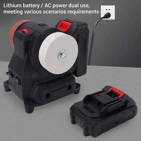 Luocute 100W Cordless Mini Bench Grinder With 7500mAh Battery showing dual power options and removable lithium battery.