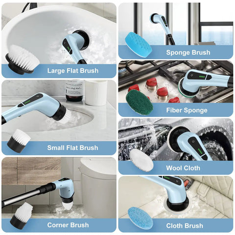 Cordless Spin Scrubber With Adjustable Extension Handle And 7 Replaceable Brush Heads For Bathroom Cleaning Water Resistant Shower Scrubber
