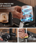 High-pressure cup washer in use with Commercial Grade Kitchen Workstation Faucet with with Glass Rinser & LED for quick rinsing.