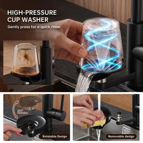 High-pressure cup washer in use with Commercial Grade Kitchen Workstation Faucet with with Glass Rinser & LED for quick rinsing.