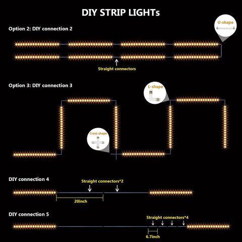 Diagram of Lit Under Cabinet Lighting Kit With Eight 12 Inch LED Light Bars for various DIY configurations with connectors.