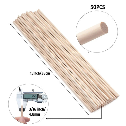 High Quality Game Changer Birch Dowel Rods For Craft Setup And Tiered Display 3/16 Inch X 15 Inch Pack Of Fifty shown in bundle.