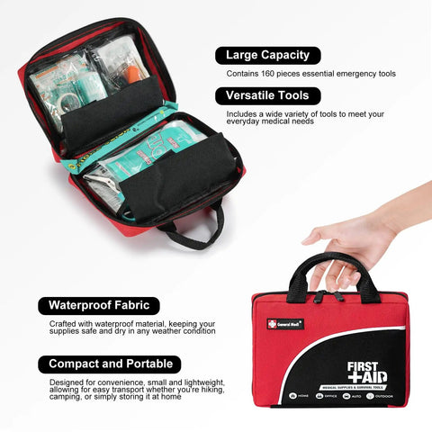 Open and closed views of "Must Have 160 Piece First Aid Kit With Ice Pack Emergency Blanket And Moleskin Pad Ultra Lightweight Travel Ready Set For Home Office Car Camping And Workplace Safety ISO Certified Red"