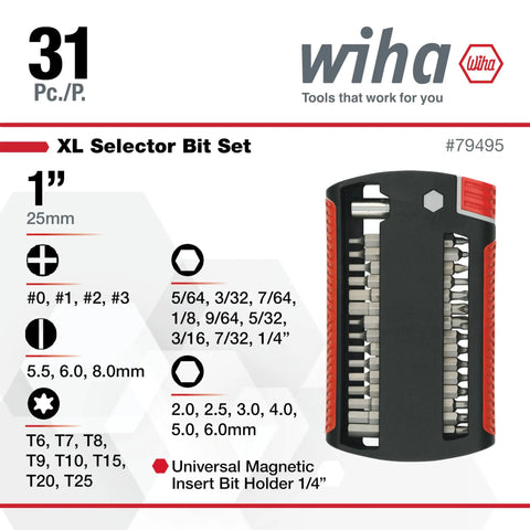 XLSelector 31 Piece Bit Set With Slotted Phillips Torx And Hex Bits, Magnetic Holder, Sturdy Case Display