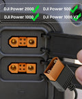 Close-up of DJI Power SDC to XT60 Cable for 12V DC, connected to power station, showing rugged XT60 lead and outlets.