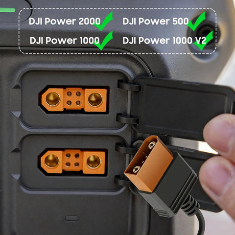 Close-up of DJI Power SDC to XT60 Cable for 12V DC, connected to power station, showing rugged XT60 lead and outlets.