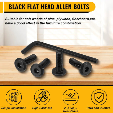 Heavy Duty Carbon Steel M6 X 20 Millimeter Socket Head Cap Screws With Spanner Straight Up Built Tough Hardware, black flat head Allen bolts with hex wrench on wooden surface.