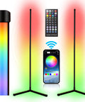 2 Pack RGB Corner Floor Lamp Set For Living Room with remote and app control, shown with color-changing LED and music sync feature.