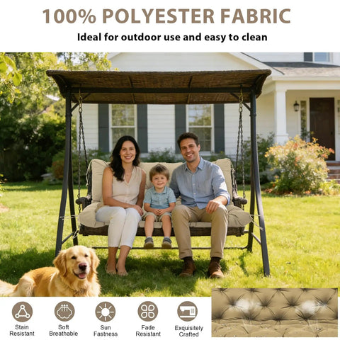 Replacement Cushions For Outdoor Furniture 60x40 Inch Waterproof Porch Bench Cushions For 2 To 3 Seaters With Ties And Backrest 5 Inch Thick Patio Swing Chair Cushion For Garden Backyard Easy To Clean And Breathable Khaki on swing with family and dog in garden