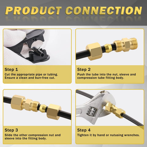 Brass compression fittings kit with nuts and ferrules; four-panel step-by-step diagram for 1/8–1/2 in OD tubing