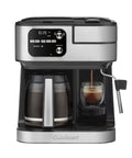 Barista Bar 4-In-1 Coffee Maker With Single Serve Pods And Three Brewing Sizes, 12-Cup Carafe Option, silver finish.