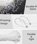 4 Inch White Nylon Zip Ties 100 Pack Self Locking Cable Ties For Indoor And Outdoor Use Heavy Duty Small Tie Straps Durable Weather Resistant Cable Management image showing nylon material and design features.