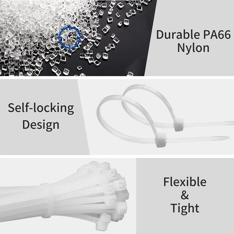 4 Inch White Nylon Zip Ties 100 Pack Self Locking Cable Ties For Indoor And Outdoor Use Heavy Duty Small Tie Straps Durable Weather Resistant Cable Management image showing nylon material and design features.