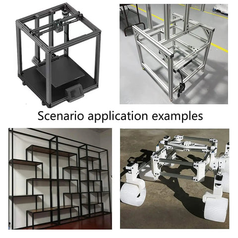 Workhorse T Slot 3030 extrusion used in 3D printer, CNC frame, industrial shelving, and robotics application examples.
