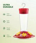 Set Of 2 10 Ounce Hummingbird Feeders With Built In Ant Guard, Wide Mouth For Easy Filling, Circular Perch With Multiple Feeding Ports, Outdoor Plastic Design For Easy Cleaning And Backyard Nectar Viewing; features clear glass, flower design, 10 oz capacity.
