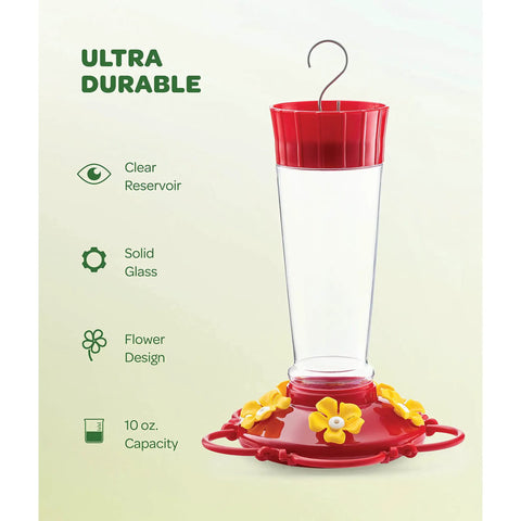 Set Of 2 10 Ounce Hummingbird Feeders With Built In Ant Guard, Wide Mouth For Easy Filling, Circular Perch With Multiple Feeding Ports, Outdoor Plastic Design For Easy Cleaning And Backyard Nectar Viewing; features clear glass, flower design, 10 oz capacity.