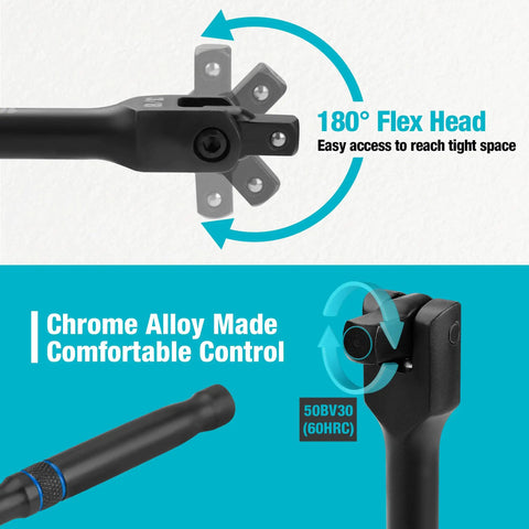 Badass Heavy Duty Breaker Bar Set With Premium Chrome Alloy Build And Durable Black Phosphate Coating For No Sweat Torque Tasks On Heavily Rusty Bolts showing 180° flex head.