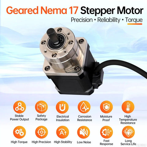 Geared Nema 17 Stepper Motor With Integrated Planetary Gearbox 5.18:1 For 3D Printer CNC, high torque, and reliability.