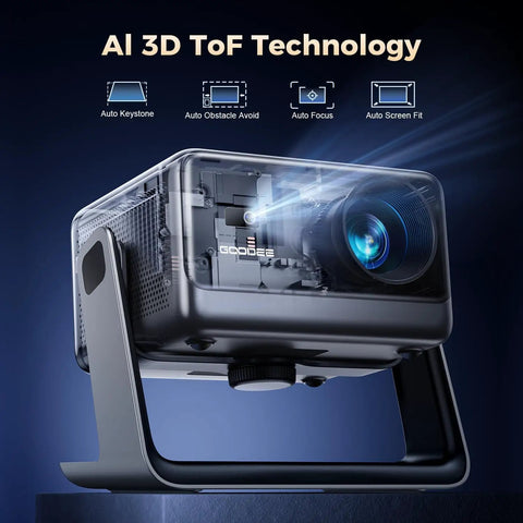 Smart Portable Video Projector With WiFi And Bluetooth For Home Theater And Outdoor Movie Nights Netflix Ready 4K Video Decode With 1080P Native Auto Focus And Keystone Correction Dolby Audio No Extra TV Stick Needed showcasing AI 3D ToF technology