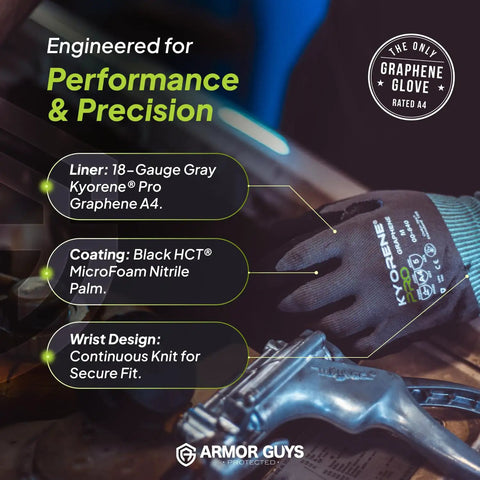 Cut Resistant Work Gloves 00-840 ANSI A4 Graphene Nitrile Coated, featuring 18-gauge graphene liner and continuous knit wrist.