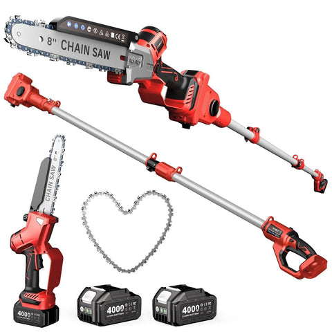 2-In-1 Cordless Pole Saw And Mini Chainsaw, 8-Inch Brushless Bar, Dual 4000mAh Batteries, Telescoping Pole Extends To 15 Feet, Quick Switch Display