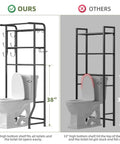 Comparison of Over The Toilet Storage Cabinet Three Tier Metal Bathroom Shelf Organizer With Paper Holder And Hooks Black Finish, ours fits above toilet with open lid, others don't.