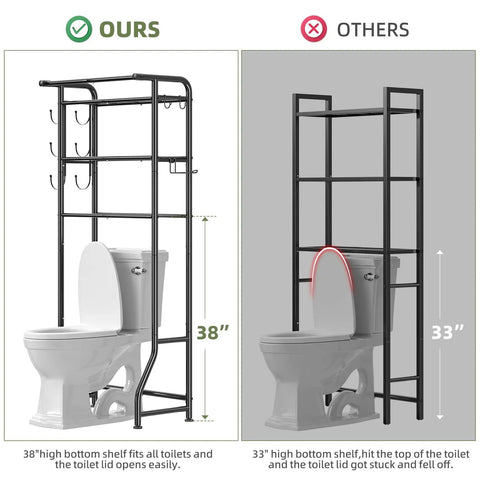 Comparison of Over The Toilet Storage Cabinet Three Tier Metal Bathroom Shelf Organizer With Paper Holder And Hooks Black Finish, ours fits above toilet with open lid, others don't.