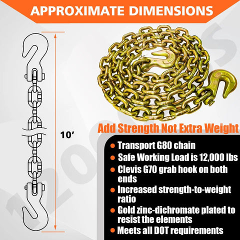 G80 Heavy Duty Transport Binder Chain Half Inch By 20 Foot With Clevis Grab Hooks, 12,000 Lbs Safe Working Load, chain design