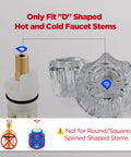 Shower Knob Replacement For D-Shaped Stem Two-Handle Faucets with clear acrylic knobs and D-shaped stems compatibility guide.