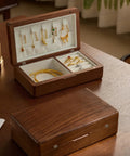Wooden jewelry box with open lid displaying earrings, necklaces, and rings on a table, showing 30 Pack 13x12mm Antique Bronze Mini Butt Hinges With Screws.