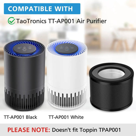 2 Pack Replacement Filter Set For TT-AP001 And VAVA VA-EE014 Air Purifiers shown with compatible black and white devices