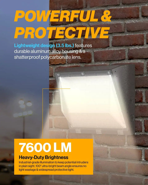 6 Pack 80W LED Wall Pack Outdoor Industrial Dimmable Waterproof Beefed Up Security Lighting for Warehouses and Parking Lots Choose 3000K 4000K or 5000K Color Temp 7600 Lumens AC120 277V IP65 Aluminum Housing attached to brick wall