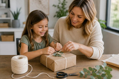 Mother and daughter using Cotton Twine Roll Three Ply Natural White Go-To Gift Wrapping And Crafts All-Purpose String for wrapping gifts.