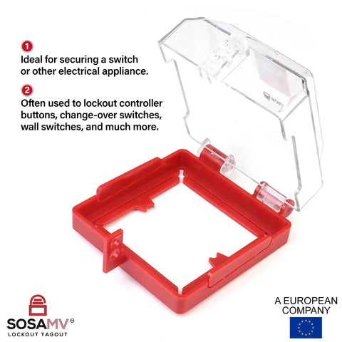 Open Box Type Emergency Stop Button Lockout Cover, clear shield, heavy-duty resin, red base, industrial safety shield