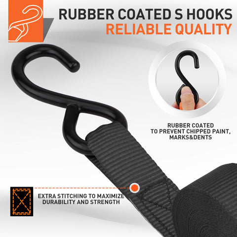 Heavy Duty 2200 Lb Ratchet Tie Down Straps 4 Pack 15 Ft Long Black Cargo Straps rubber-coated S hooks detail