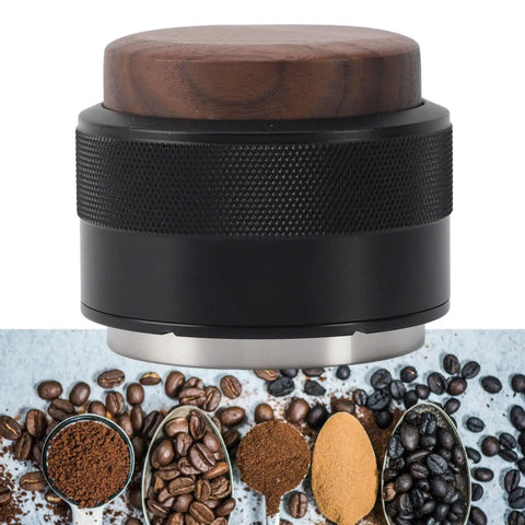 Top Tier 51Mm Black Coffee Distributor And Espresso Tamper For Baristas Stainless Steel Tool with wooden top and coffee grounds.