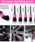 Pink Car Interior Detailing Kit With 17 Piece Pro Grade Brush Set showing 5 brush sizes for windows, dashboard, and air vents.