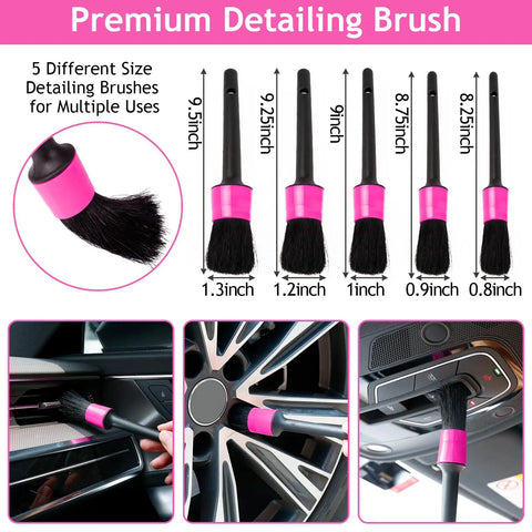 Pink Car Interior Detailing Kit With 17 Piece Pro Grade Brush Set showing 5 brush sizes for windows, dashboard, and air vents.