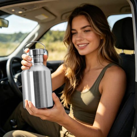 Person holding 2L Stainless Steel Travel Cup With Handle Wide Mouth Water Bottle For Hiking Fishing And Outdoor Sports in car